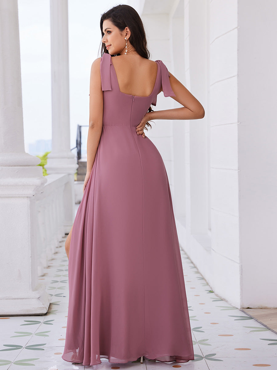 Elegant Bowknot binding Square Neckline Chiffon Dresses A-Line Side Split Bridesmaids Dress