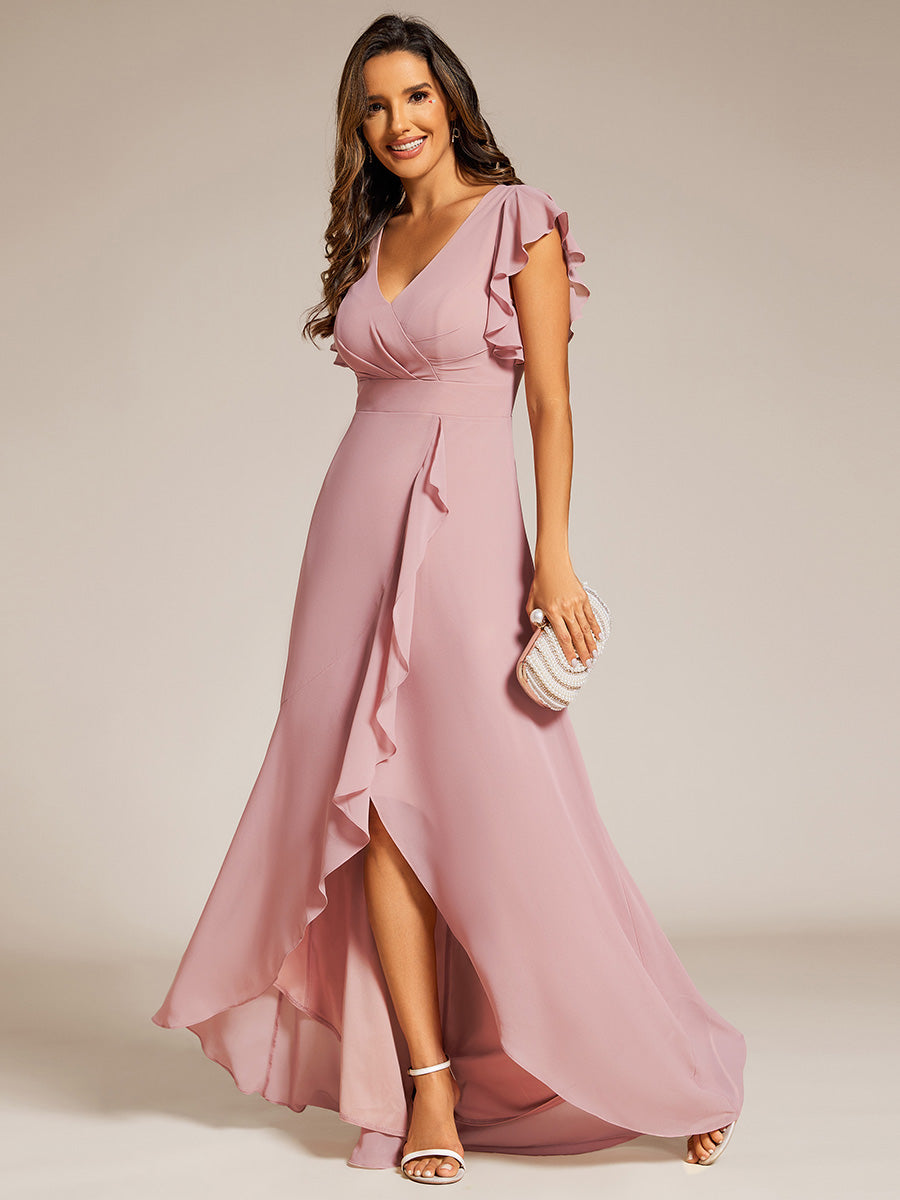 Exquisite Deep V Neck Flying sleeve A-Line Empire Waist Irregular hemline Chiffon Dresses