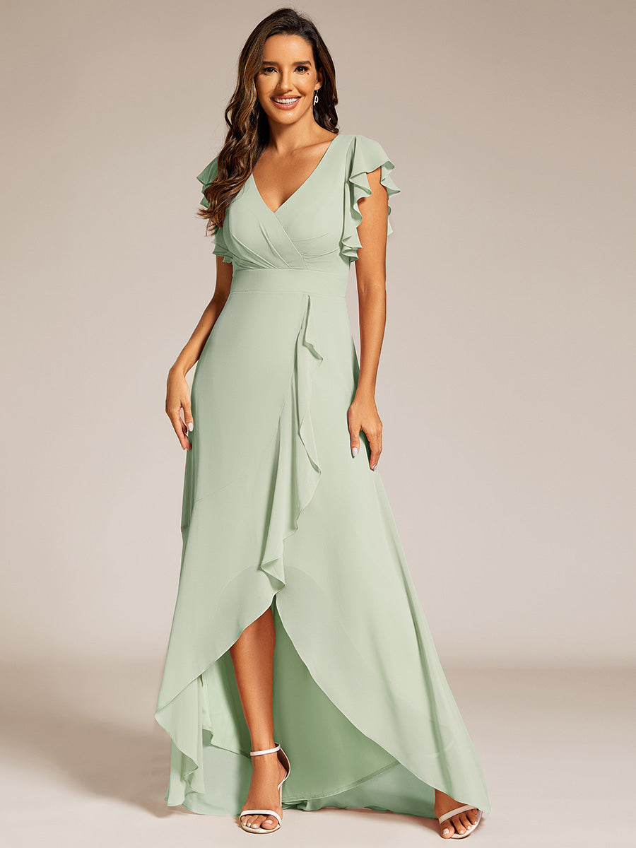 Exquisite Deep V Neck Flying sleeve A-Line Empire Waist Irregular hemline Chiffon Dresses