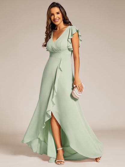 Exquisite Deep V Neck Flying sleeve A-Line Empire Waist Irregular hemline Chiffon Dresses