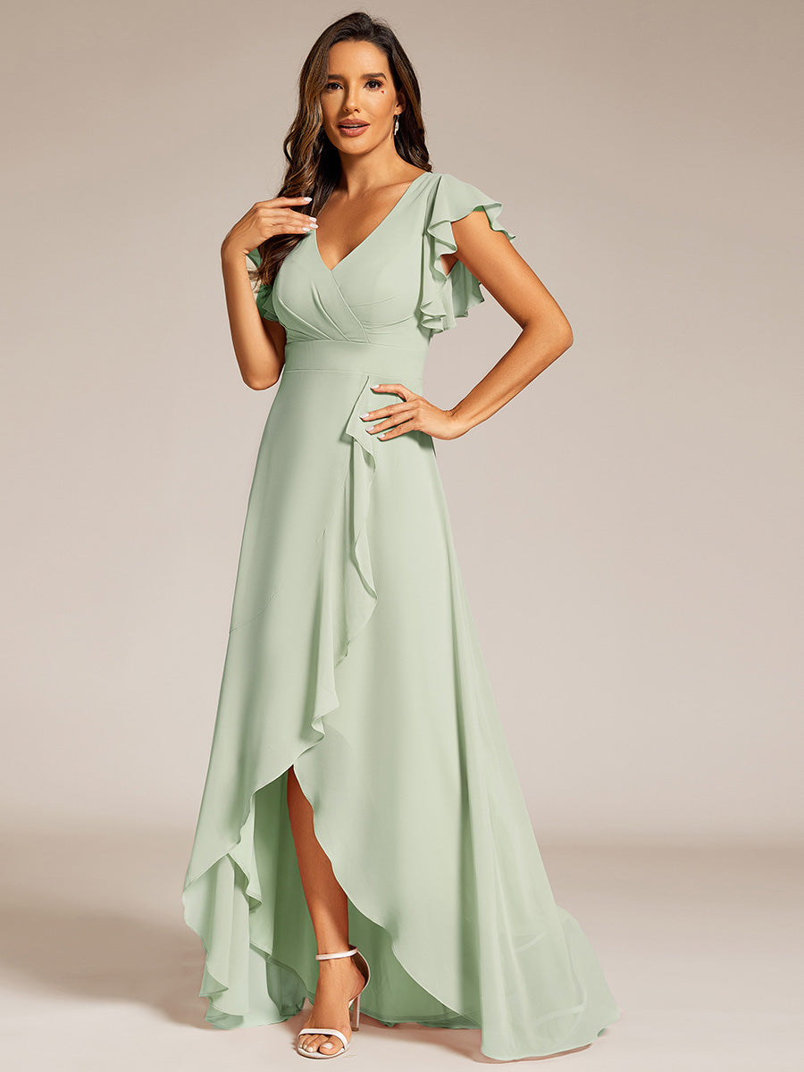 Exquisite Deep V Neck Flying sleeve A-Line Empire Waist Irregular hemline Chiffon Dresses