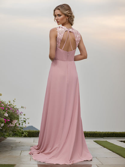 Chiffon Round Neck Tie Backless Split Thigh Bridesmaids Dress