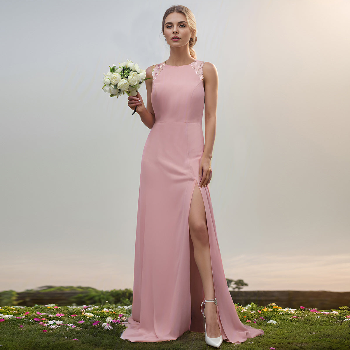 Chiffon Round Neck Tie Backless Split Thigh Bridesmaids Dress