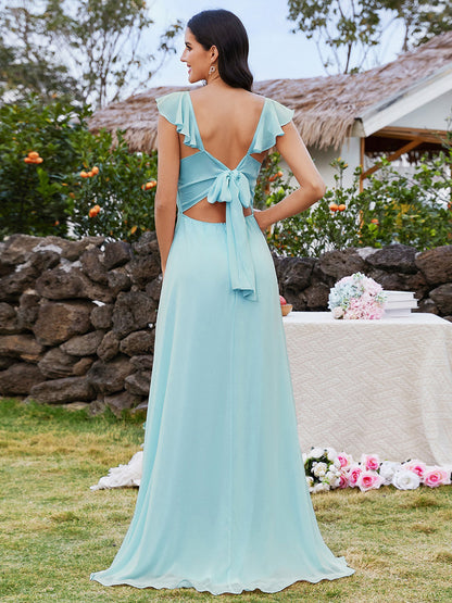 Elegant Spaghetti Straps Deep V Neck A-Line Ruched Lotus Leaf Empire Waist Chiffon Bridesmaids Dress