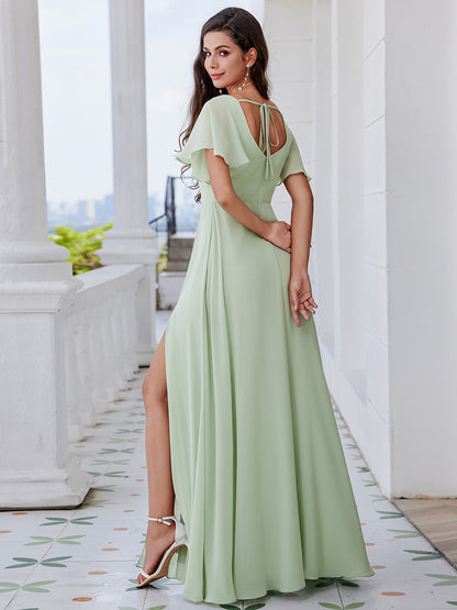 Romantic U Neck Ruffles Sleeve A-Line Side Split Bridesmaids Dress Lotus Leaf Back bow tie Chiffon Dresses