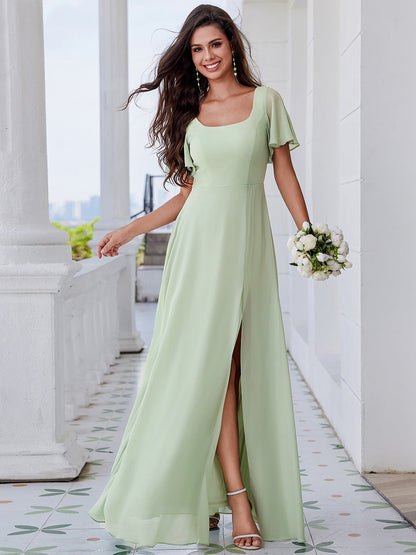 Graceful Short Sleeves Lotus Leaf Backless Bridesmaids Dress Frenulum knotting A-Line Chiffon Dresses