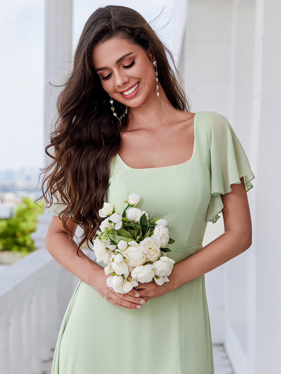 Graceful Short Sleeves Lotus Leaf Backless Bridesmaids Dress Frenulum knotting A-Line Chiffon Dresses