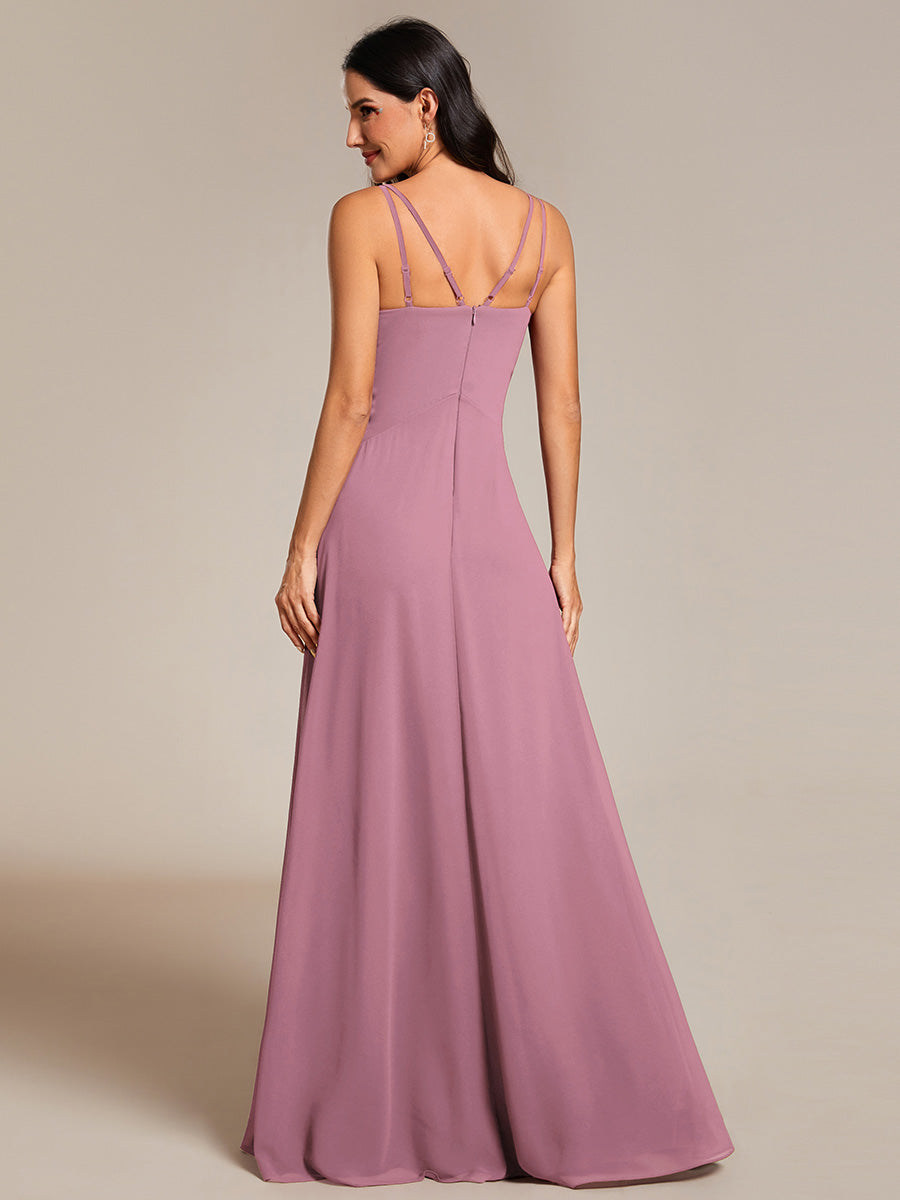 Elegant V Neck Spaghetti Straps Bridesmaids Dress Ruched Empire Waist Floor Length Chiffon Dresses