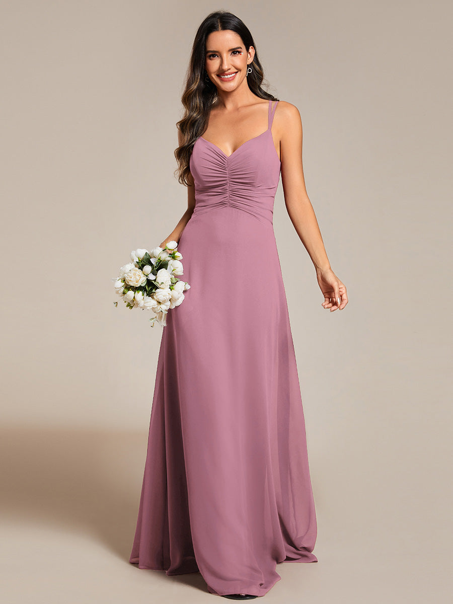 Elegant V Neck Spaghetti Straps Bridesmaids Dress Ruched Empire Waist Floor Length Chiffon Dresses