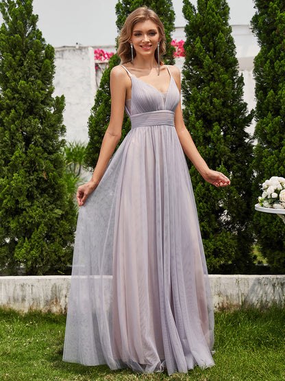 Simple Deep V Neck See-Through Empire Waist Tulle Dresses Spaghetti Straps Backless A-Line Bridesmaids Dress