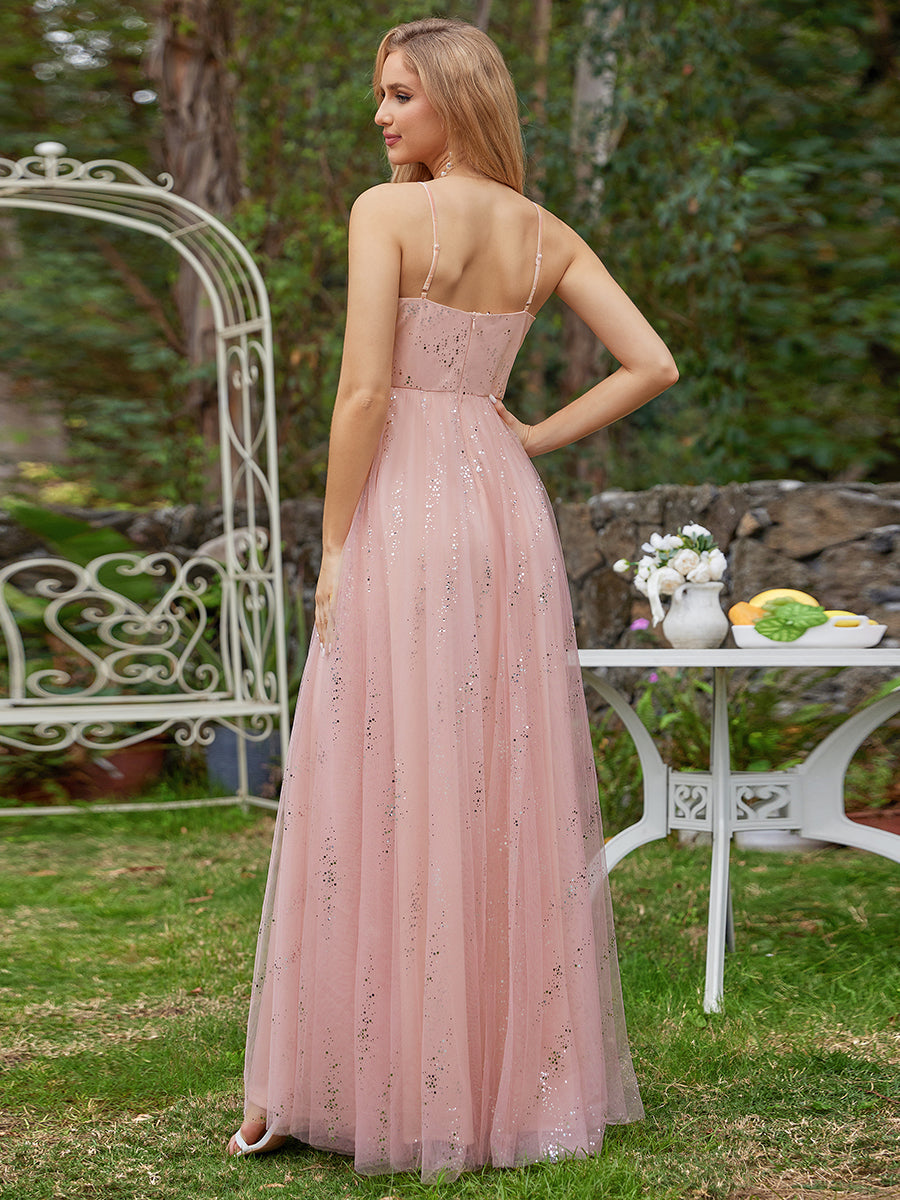 Tulle V Neck Spaghetti Strap Bodice Sequin Wholesale Bridesmaid Dress