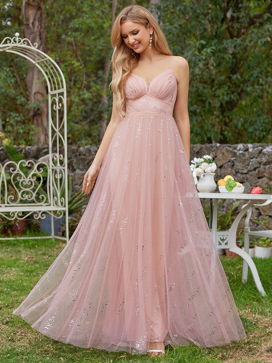 Tulle V Neck Spaghetti Strap Bodice Sequin Wholesale Bridesmaid Dress