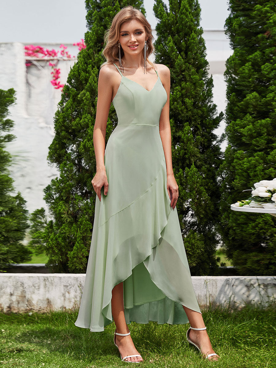 Elegant A-Line Lotus Leaf Midi Length Chiffon Dresses with Asymmetrical Hem