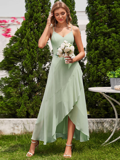 Elegant A-Line Lotus Leaf Midi Length Chiffon Dresses with Asymmetrical Hem