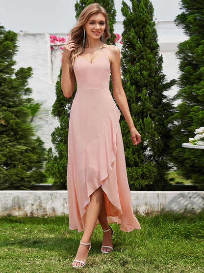 Elegant A-Line Lotus Leaf Midi Length Chiffon Dresses with Asymmetrical Hem