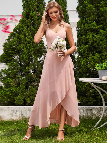 Elegant A-Line Lotus Leaf Midi Length Chiffon Dresses with Asymmetrical Hem