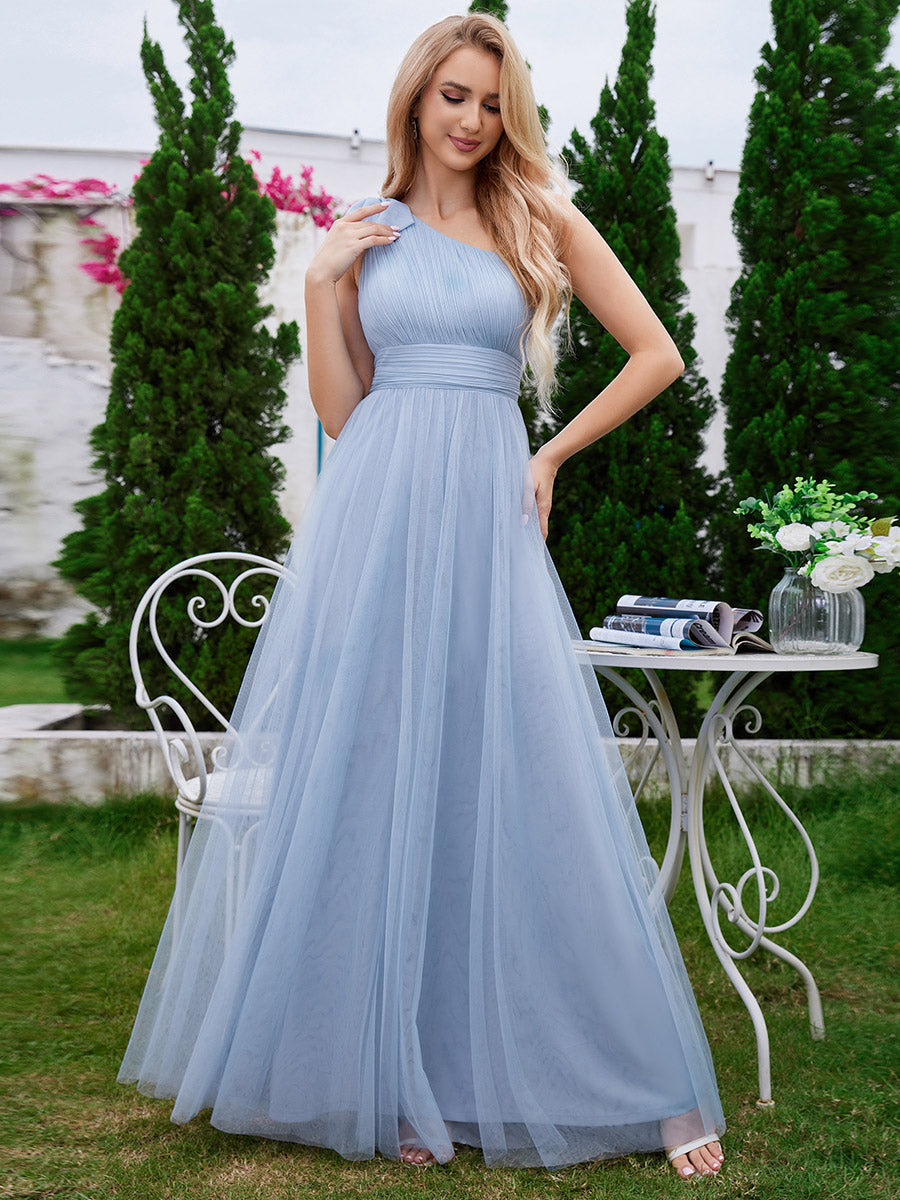 Elegant Asymmetric Shoulder Streamer Pleated decoration Tulle Dresses with Bowknot