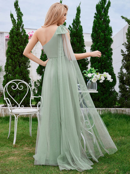 Elegant Asymmetric Shoulder Streamer Pleated decoration Tulle Dresses with Bowknot