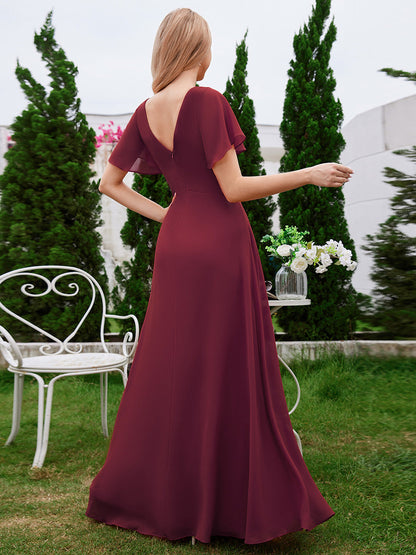 Chiffon Pleated Wholesale Bridesmaid Dress with Ruffle Short Sleeves