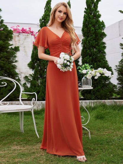 Chiffon Pleated Wholesale Bridesmaid Dress with Ruffle Short Sleeves