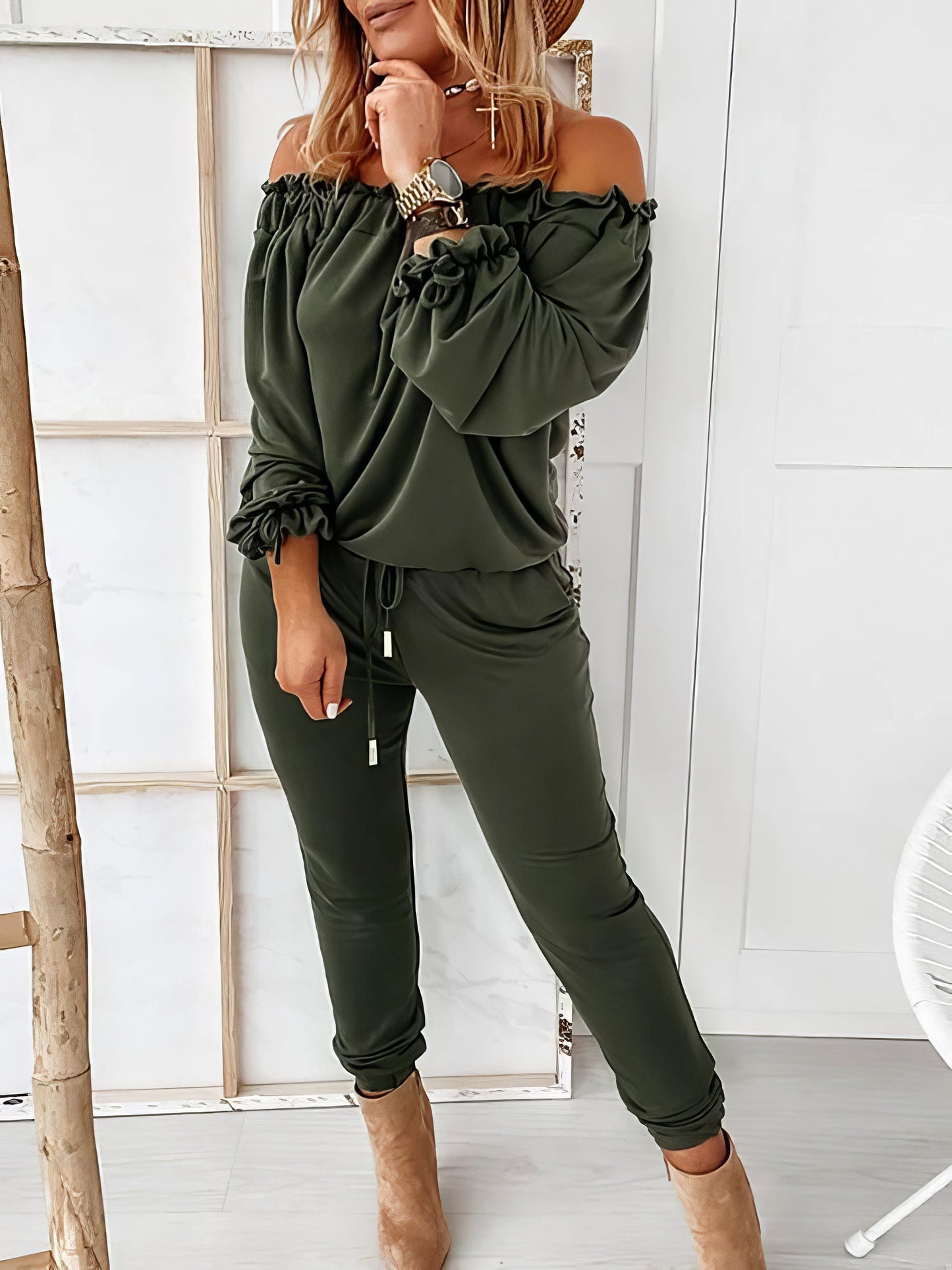 Elegant Off-shoulder Long Sleeve Jumpsuit with Drawstring Frill Hem