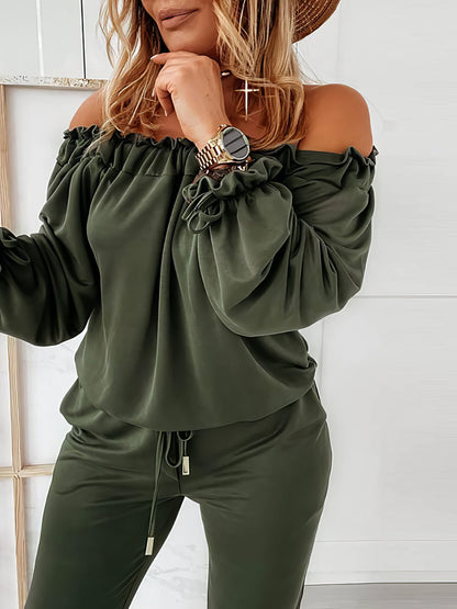 Elegant Off-shoulder Long Sleeve Jumpsuit with Drawstring Frill Hem