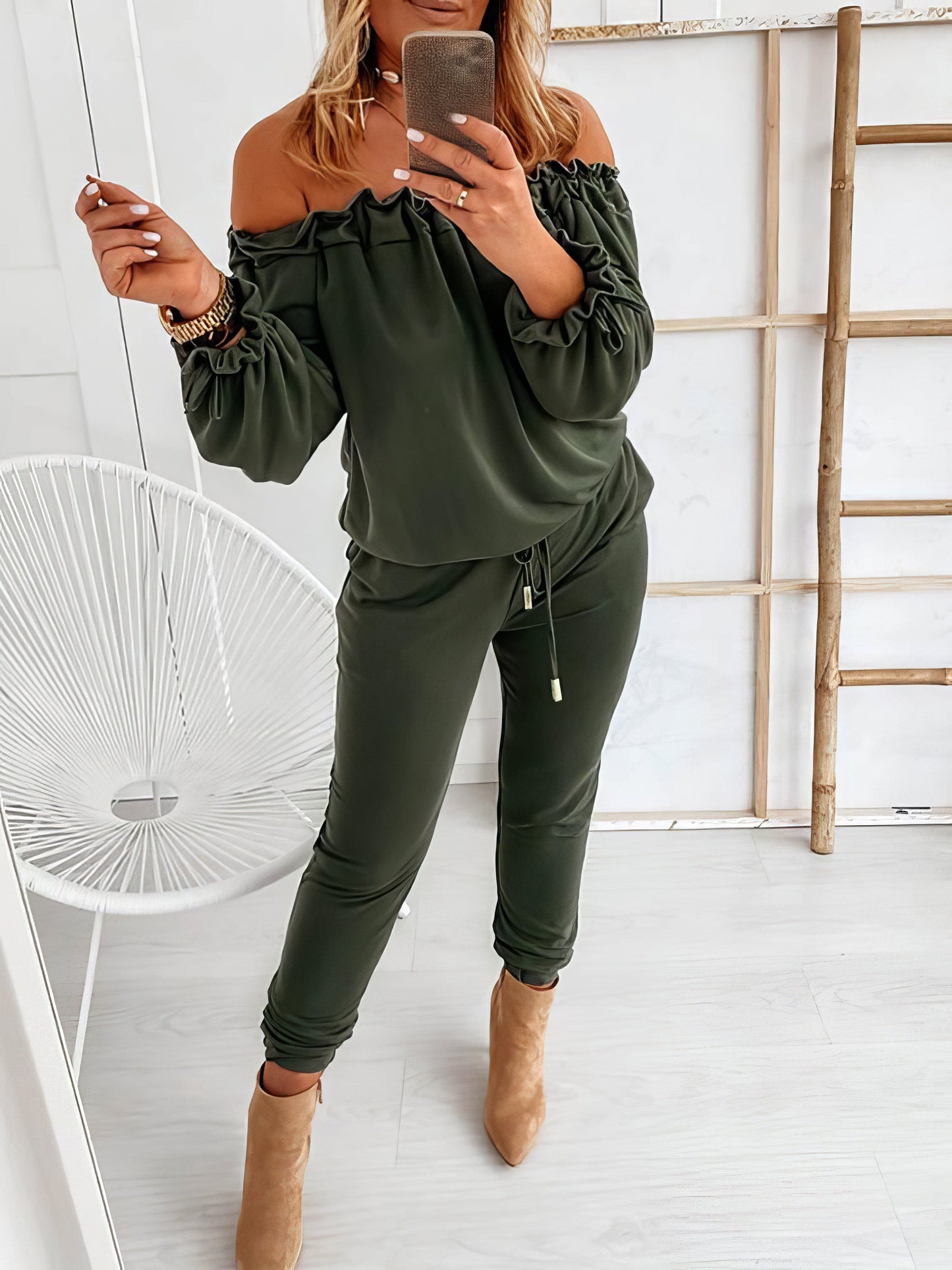 Elegant Off-shoulder Long Sleeve Jumpsuit with Drawstring Frill Hem