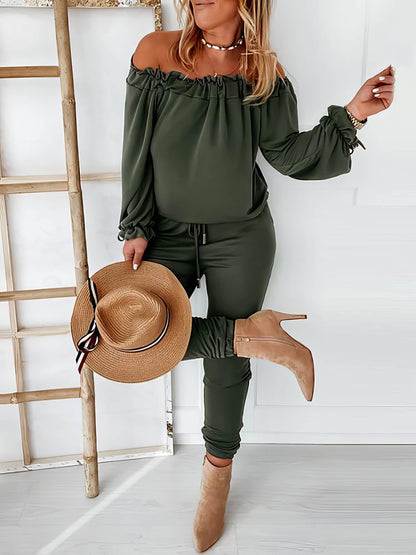 Elegant Off-shoulder Long Sleeve Jumpsuit with Drawstring Frill Hem