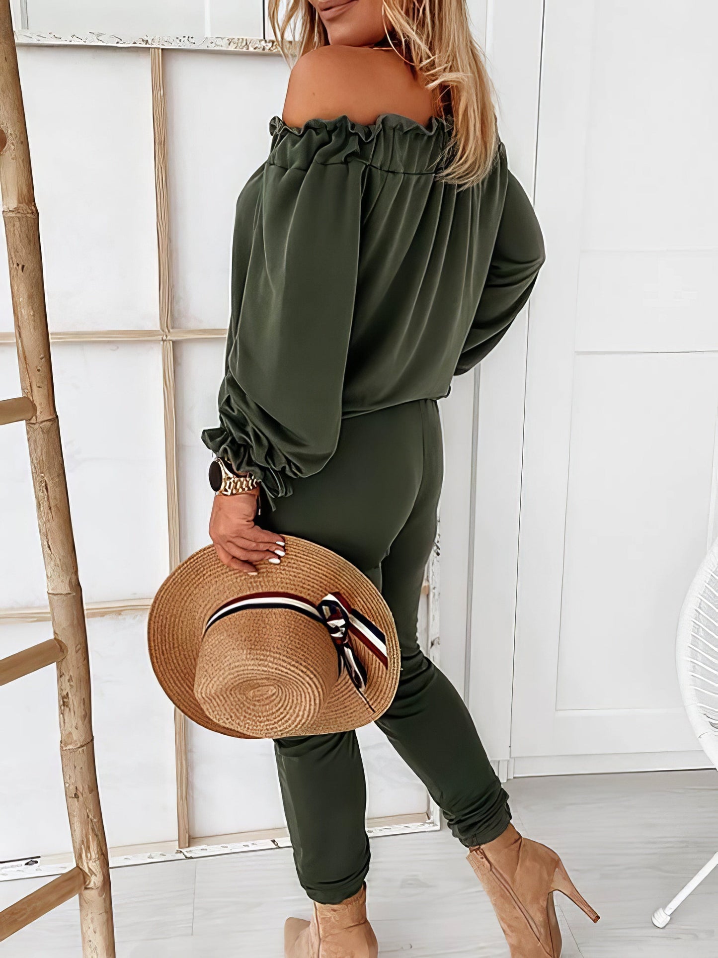 Elegant Off-shoulder Long Sleeve Jumpsuit with Drawstring Frill Hem