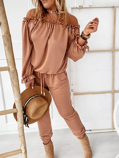 Elegant Off-shoulder Long Sleeve Jumpsuit with Drawstring Frill Hem