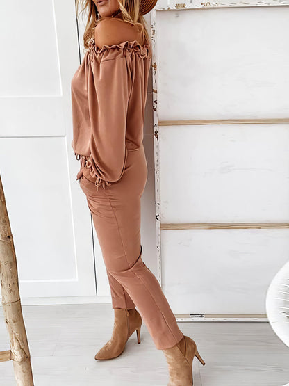 Elegant Off-shoulder Long Sleeve Jumpsuit with Drawstring Frill Hem