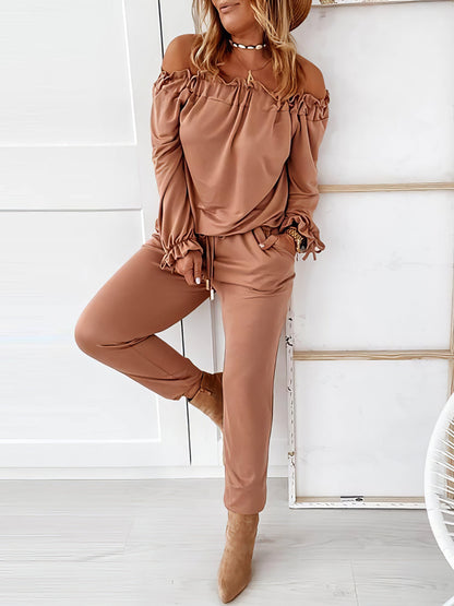 Elegant Off-shoulder Long Sleeve Jumpsuit with Drawstring Frill Hem