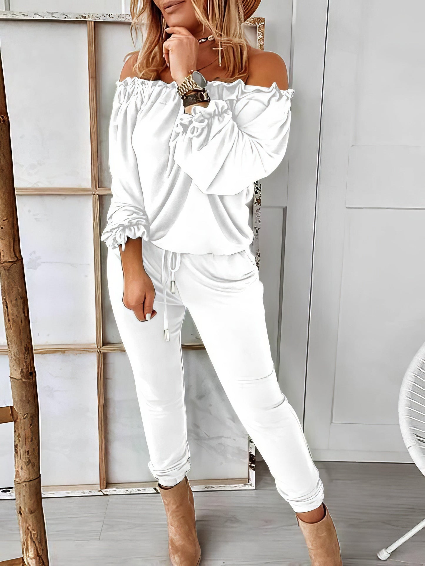 Elegant Off-shoulder Long Sleeve Jumpsuit with Drawstring Frill Hem