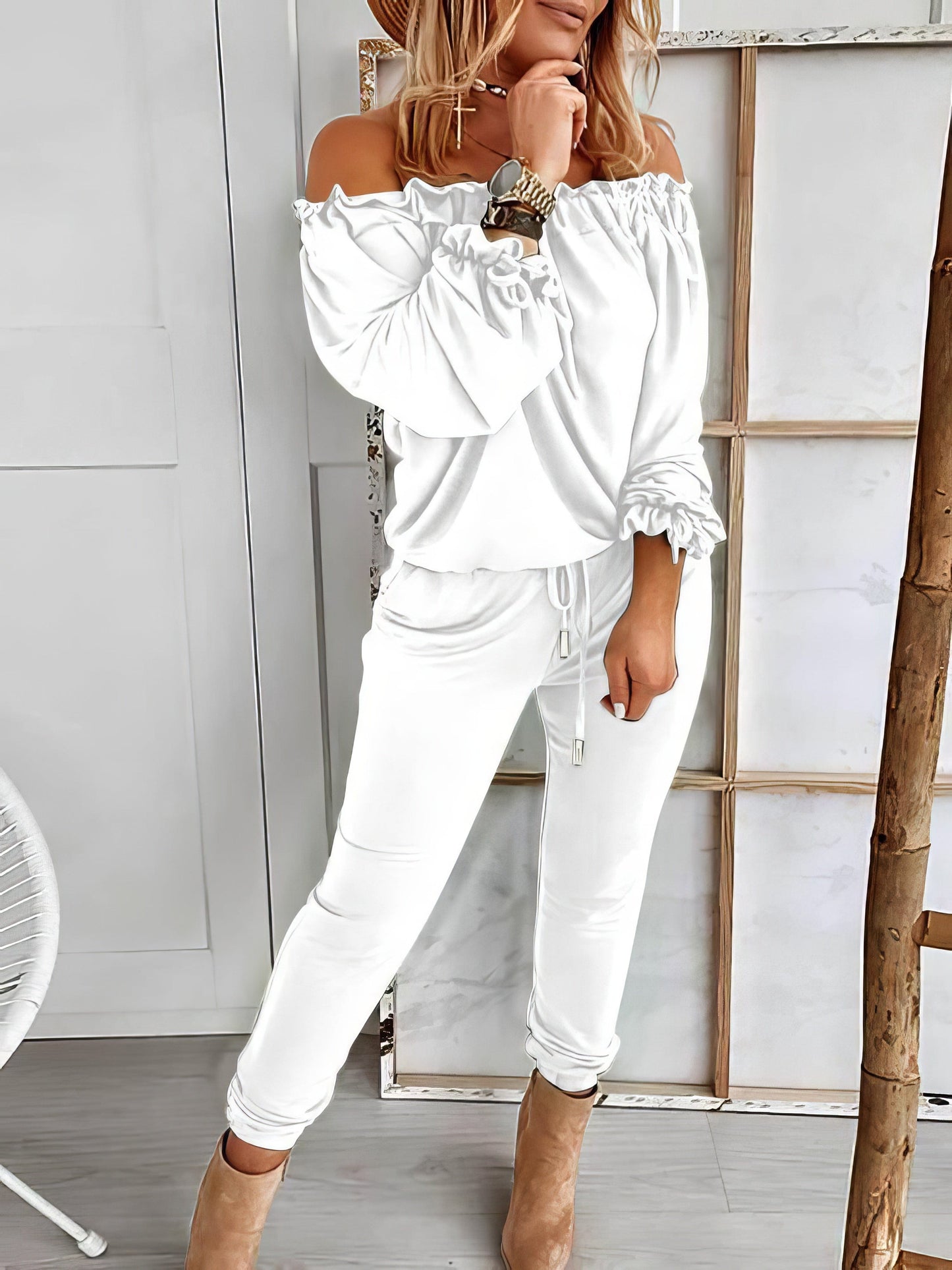 Elegant Off-shoulder Long Sleeve Jumpsuit with Drawstring Frill Hem