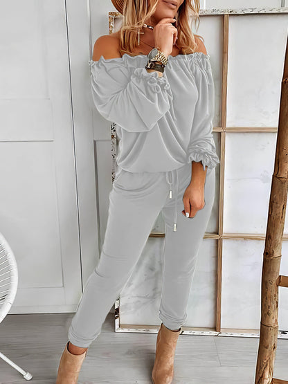 Elegant Off-shoulder Long Sleeve Jumpsuit with Drawstring Frill Hem