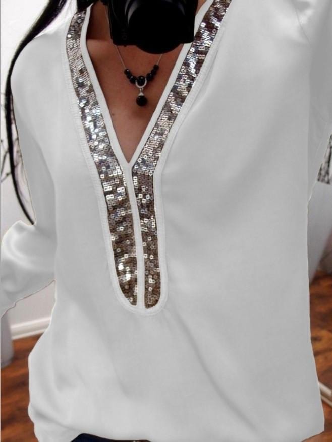 Elegant Sequin Detail V-Neck Long-sleeve T-shirt