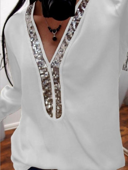 Elegant Sequin Detail V-Neck Long-sleeve T-shirt