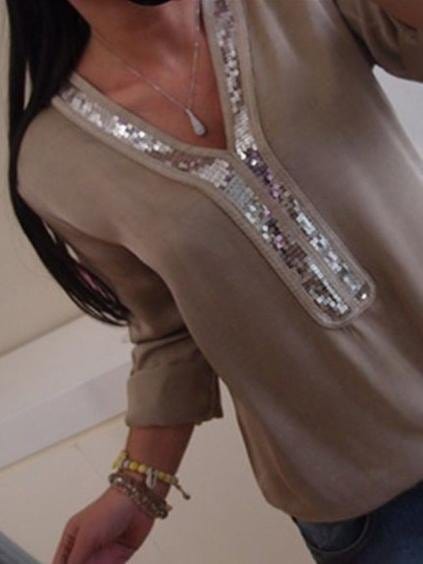 Elegant Sequin Detail V-Neck Long-sleeve T-shirt