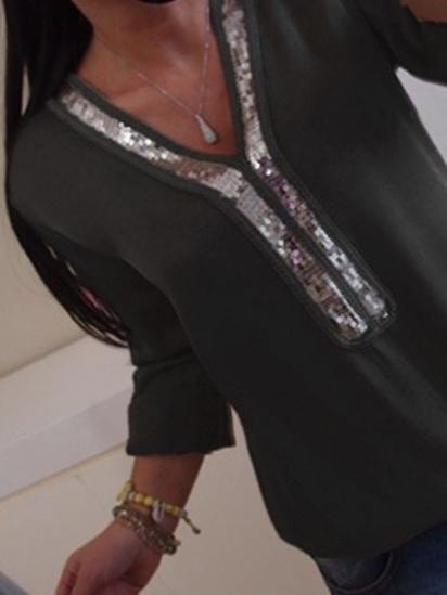 Elegant Sequin Detail V-Neck Long-sleeve T-shirt