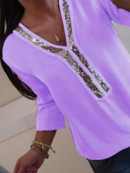 Elegant Sequin Detail V-Neck Long-sleeve T-shirt