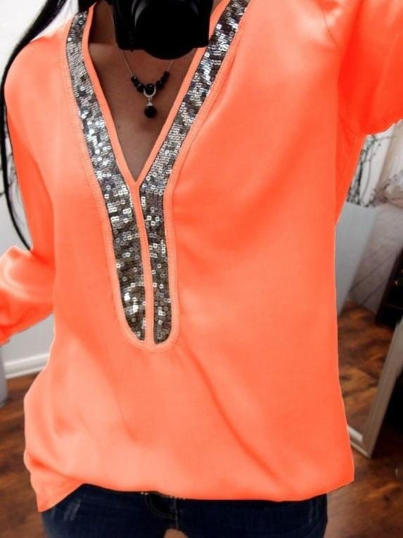 Elegant Sequin Detail V-Neck Long-sleeve T-shirt