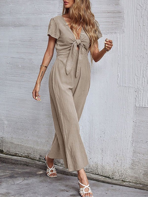 Elegant Wide Leg Jumpsuit with V-Neck and Short Sleeves