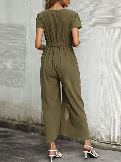 Elegant Wide Leg Jumpsuit with V-Neck and Short Sleeves