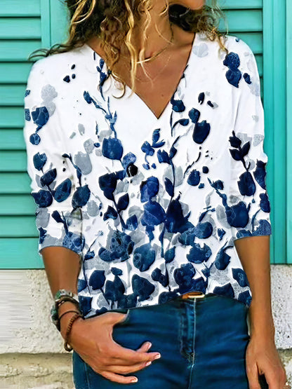 Floral Print 3/4 Sleeve V-neck Top