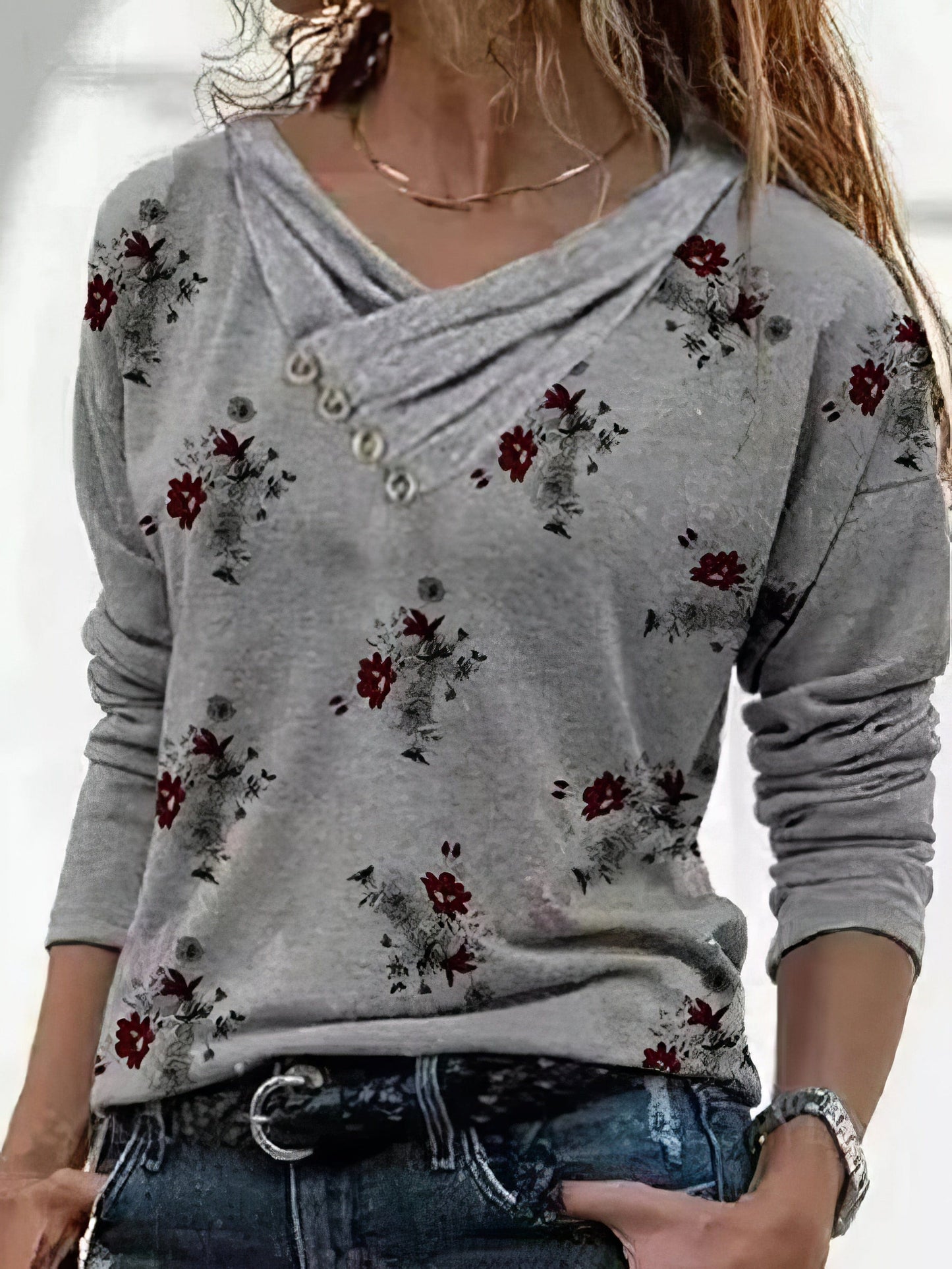 Floral Print Button Detail Long Sleeve T-Shirt