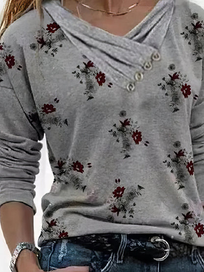 Floral Print Button Detail Long Sleeve T-Shirt