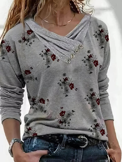 Floral Print Button Detail Long Sleeve T-Shirt