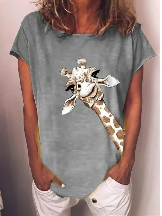 Giraffe Print Short-sleeved Tee with a Chic Touch