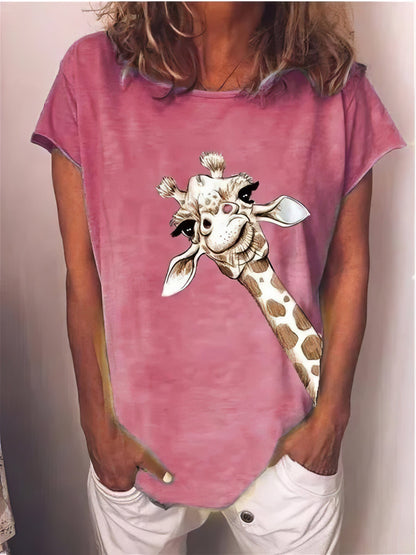 Giraffe Print Short-sleeved Tee with a Chic Touch