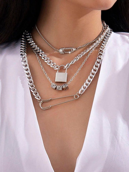 Lock, Key & Safety Pin Pendant Necklace Set